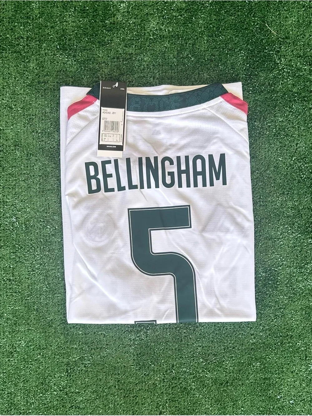 adidas White Kids Soccer Jersey Bellingham #5 with Dark Green Accents
